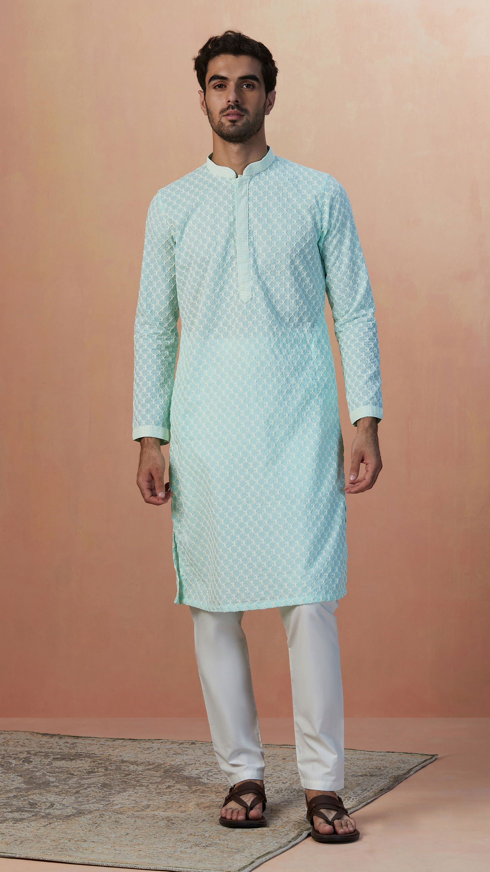 Manyavar Men Aqua Green Chikankari Kurta Pajama