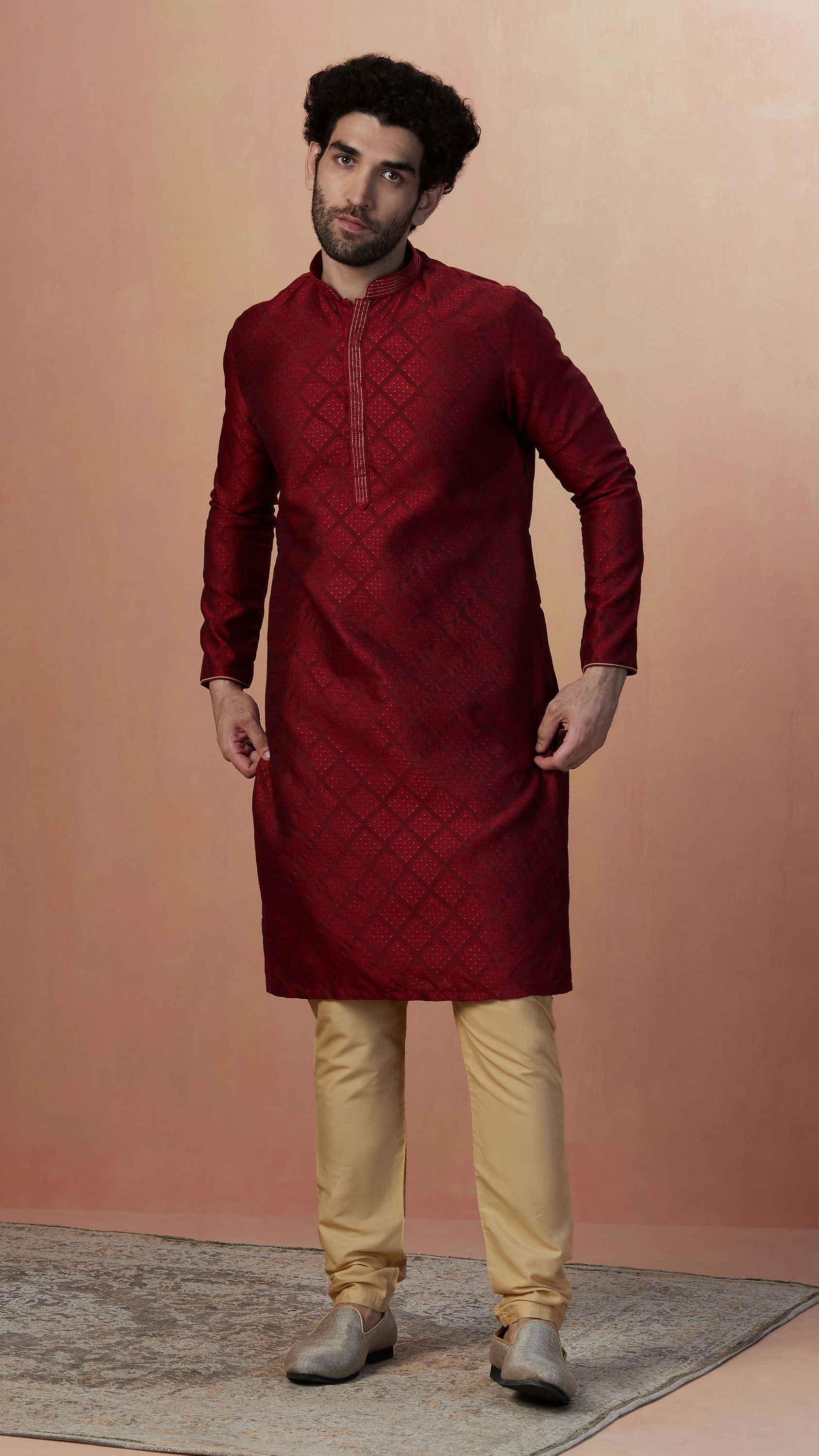 Manyavar Men Merlot Red Jacquard Kurta Pajama