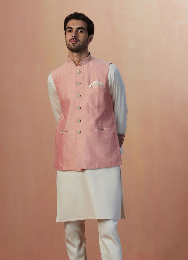 Manyavar Men Pink Self Embroidered Jacket image number 1