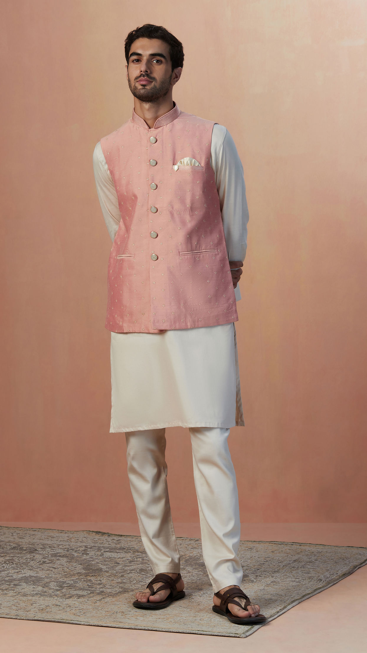 Manyavar Men Pink Self Embroidered Jacket image number 1