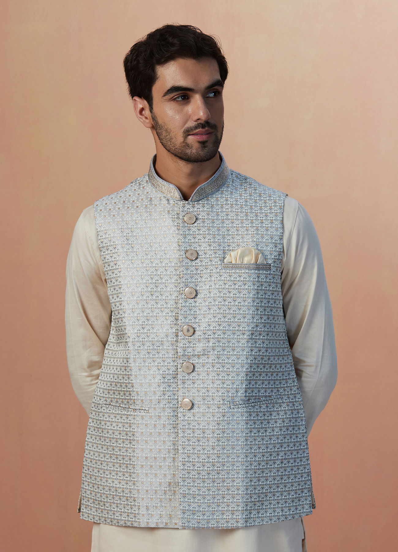 Manyavar Men Ash Grey Jacquard Jacket