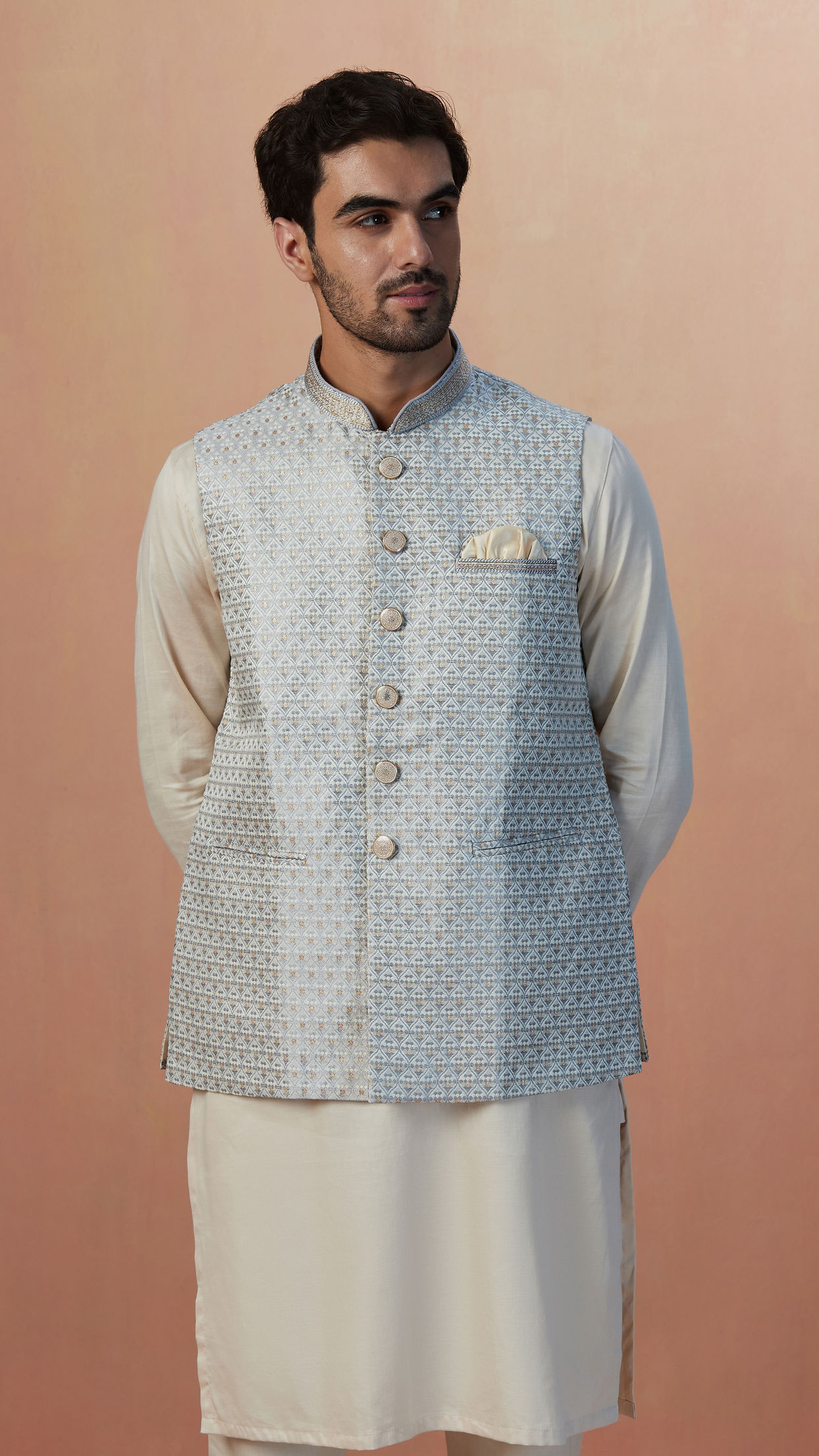 Manyavar Men Ash Grey Jacquard Jacket image number 0