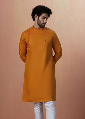 alt message - Manyavar Men Mustard Yellow Side Open Kurta image number 1