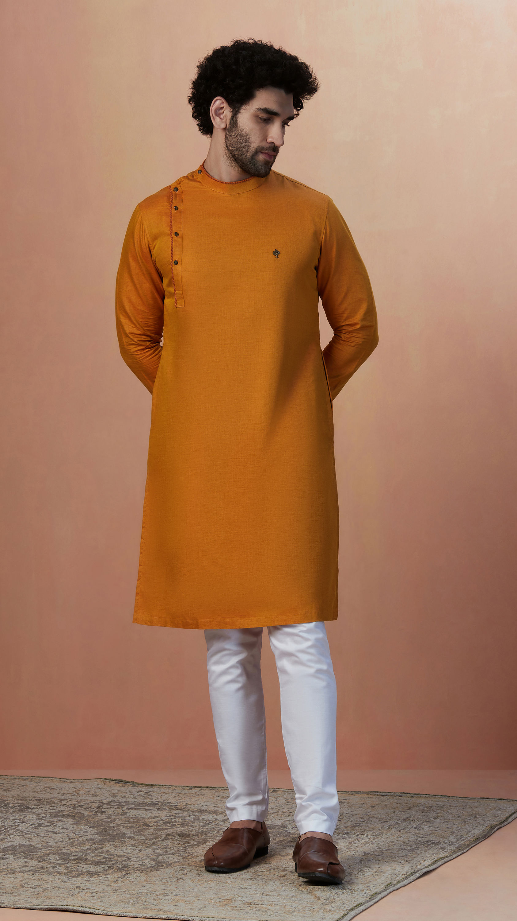 Manyavar Men Mustard Yellow Side Open Kurta