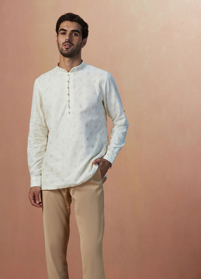 alt message - Manyavar Men White Self Printed Short Kurta image number 1