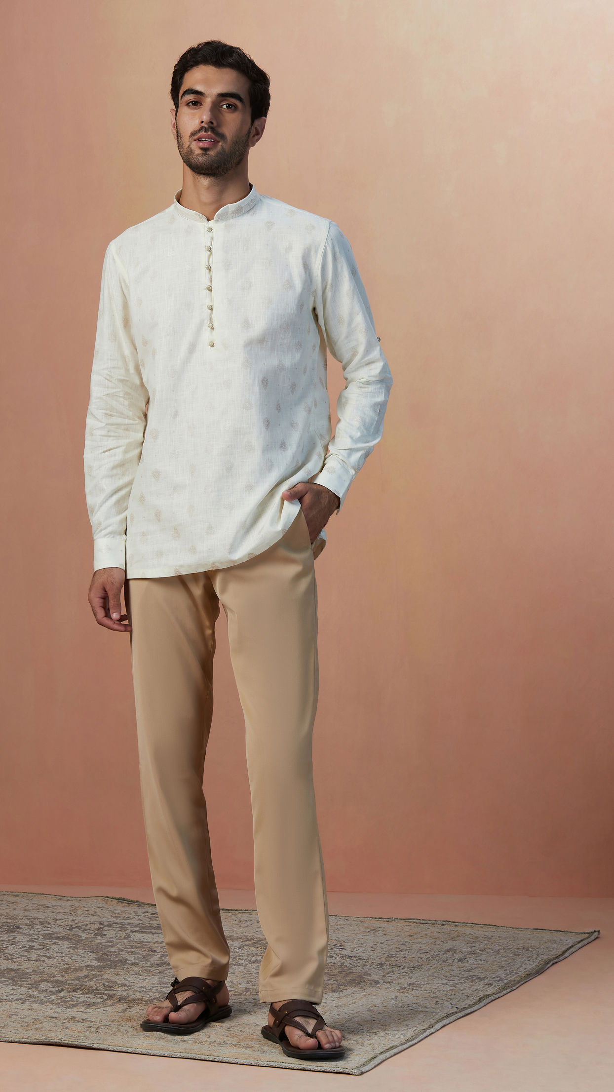 alt message - Manyavar Men White Self Printed Short Kurta image number 1