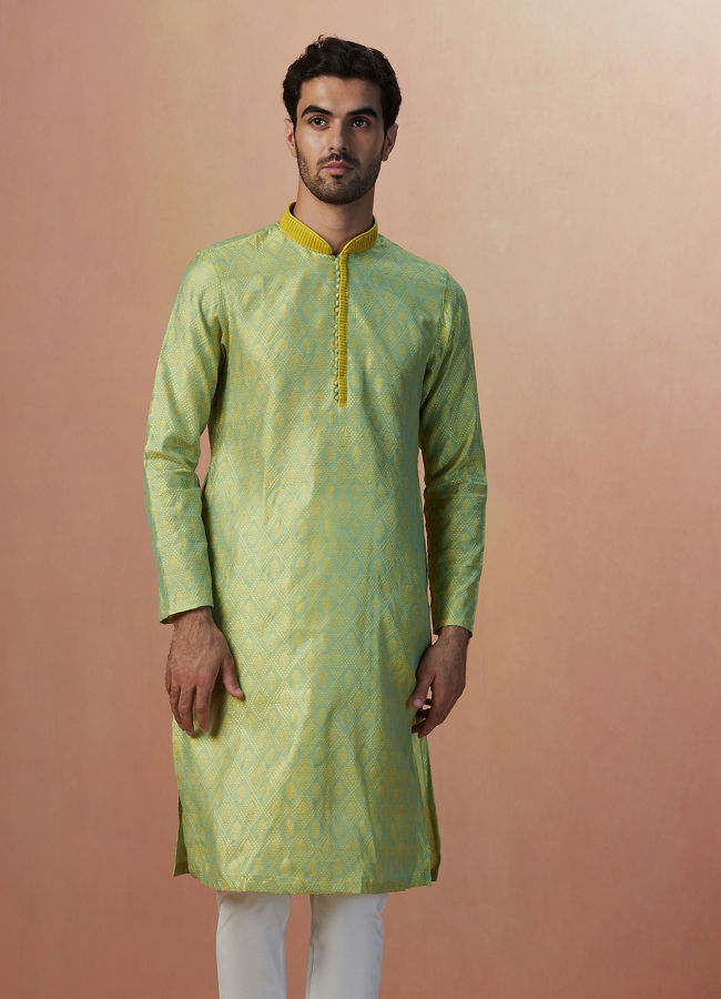 alt message - Manyavar Men Pastel Green Jacquard Kurta Pajama image number 1