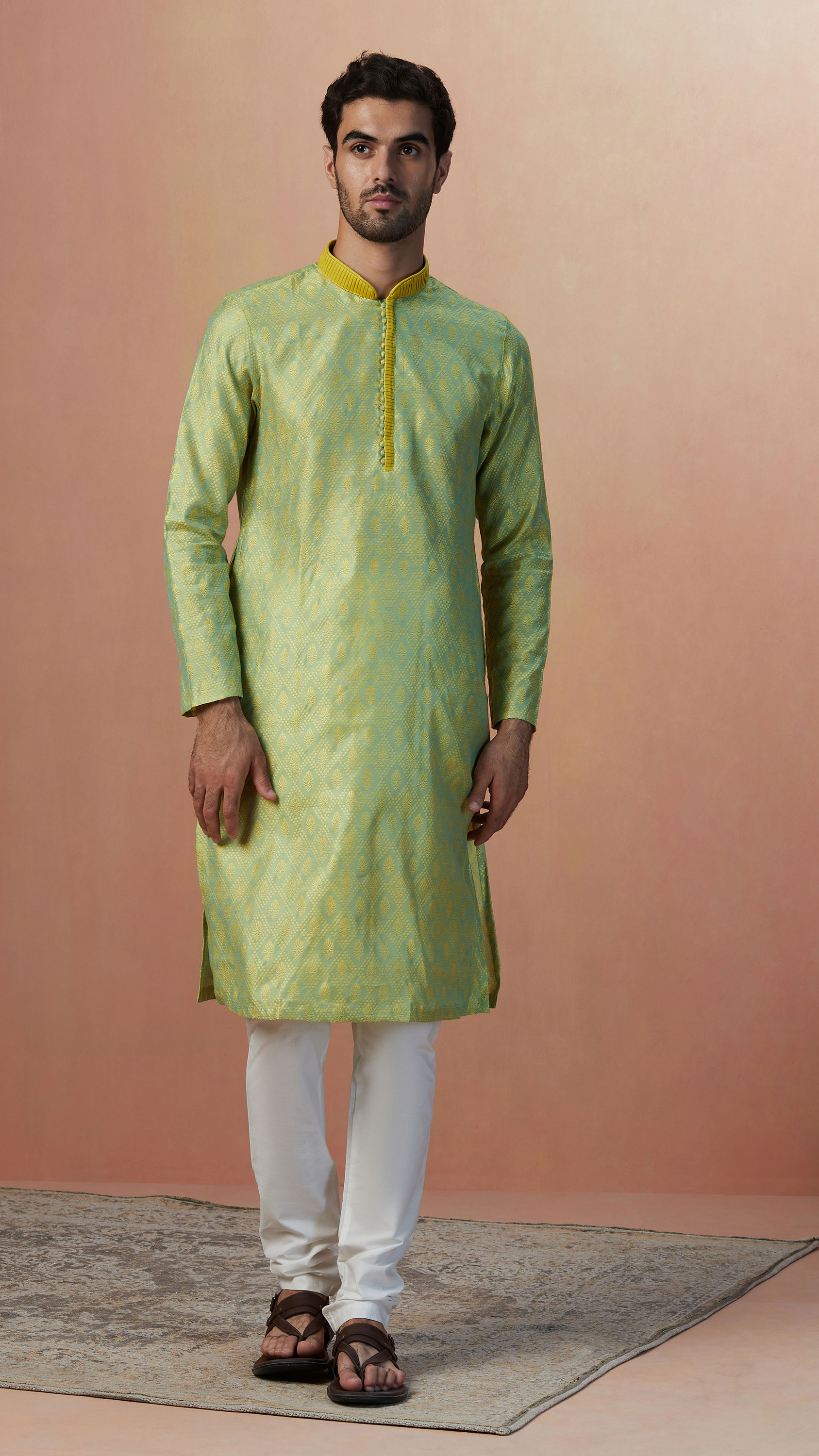 Manyavar Men Pastel Green Jacquard Kurta Pajama