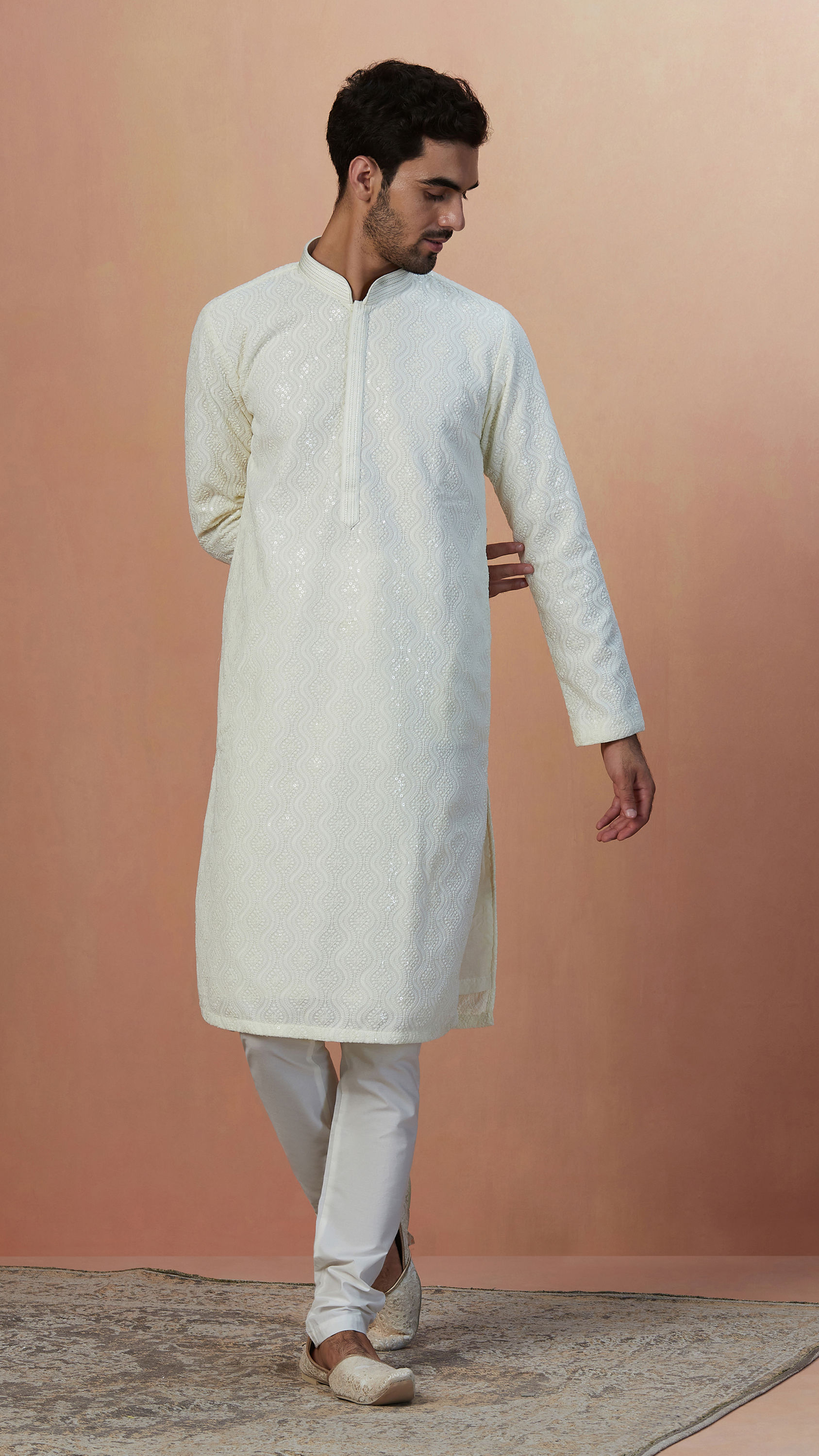 Manyavar Men Seashell White Chikankari Kurta Pajama