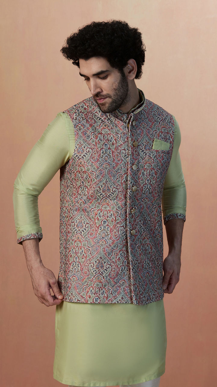 Manyavar Men Multicolored Jacket With Lime Green Kurta Set