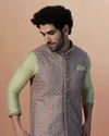 alt message - Manyavar Men Multicolored Jacket With Lime Green Kurta Set image number 0