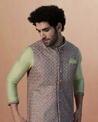 Manyavar Men Multicolored Jacket With Lime Green Kurta Set