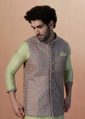 Manyavar Men Multicolored Jacket With Lime Green Kurta Set image number 0