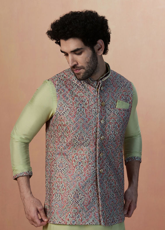 Manyavar Men Multicolored Jacket With Lime Green Kurta Set