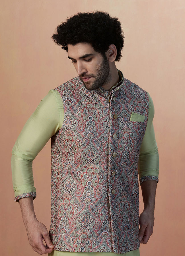 alt message - Manyavar Men Multicolored Jacket With Lime Green Kurta Set image number 0