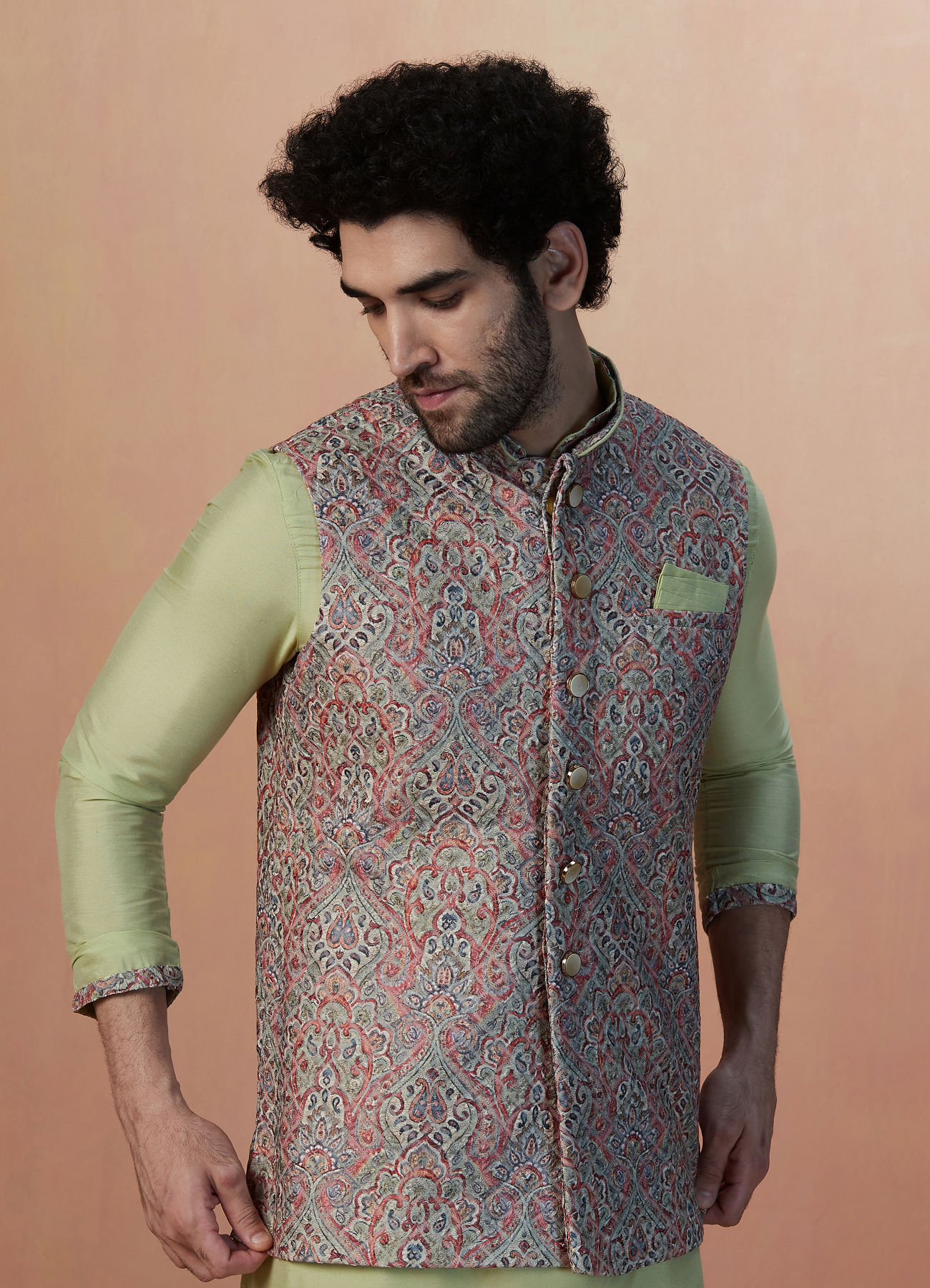 Manyavar Men Multicolored Jacket With Lime Green Kurta Set