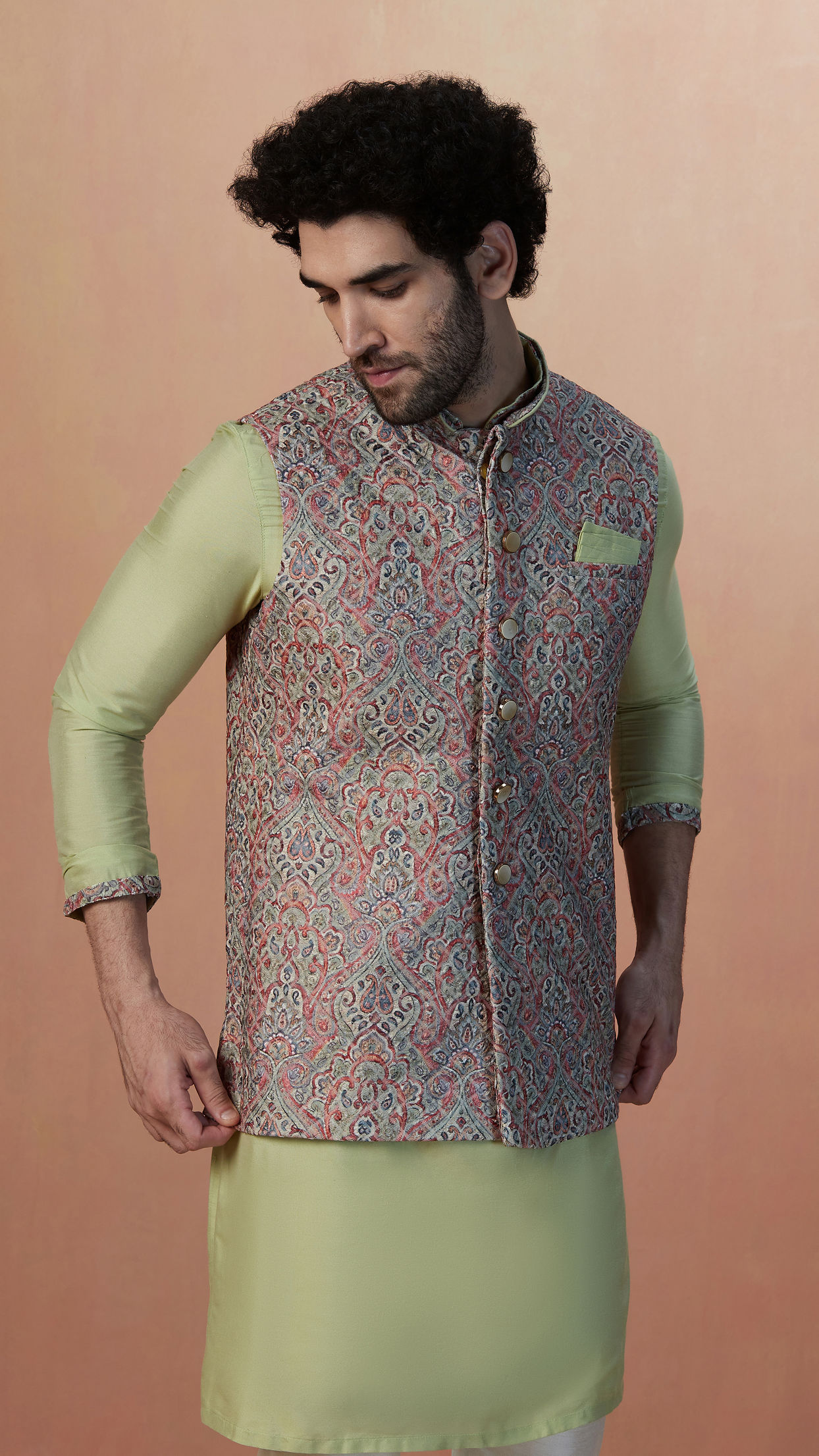 alt message - Manyavar Men Multicolored Jacket With Lime Green Kurta Set image number 0