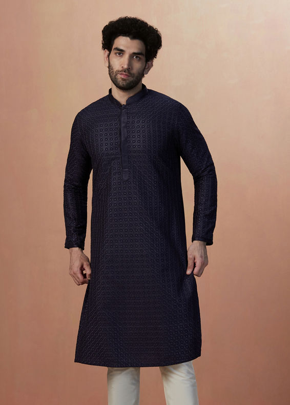 Manyavar Men Royal Blue Self Embroidered Kurta Pajama