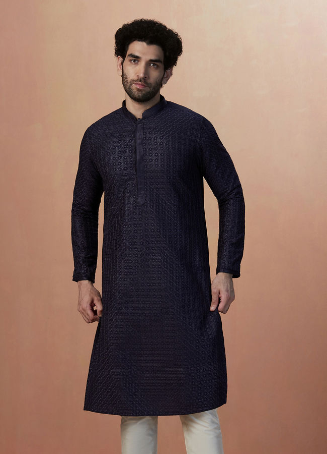 alt message - Manyavar Men Royal Blue Self Embroidered Kurta Pajama image number 1