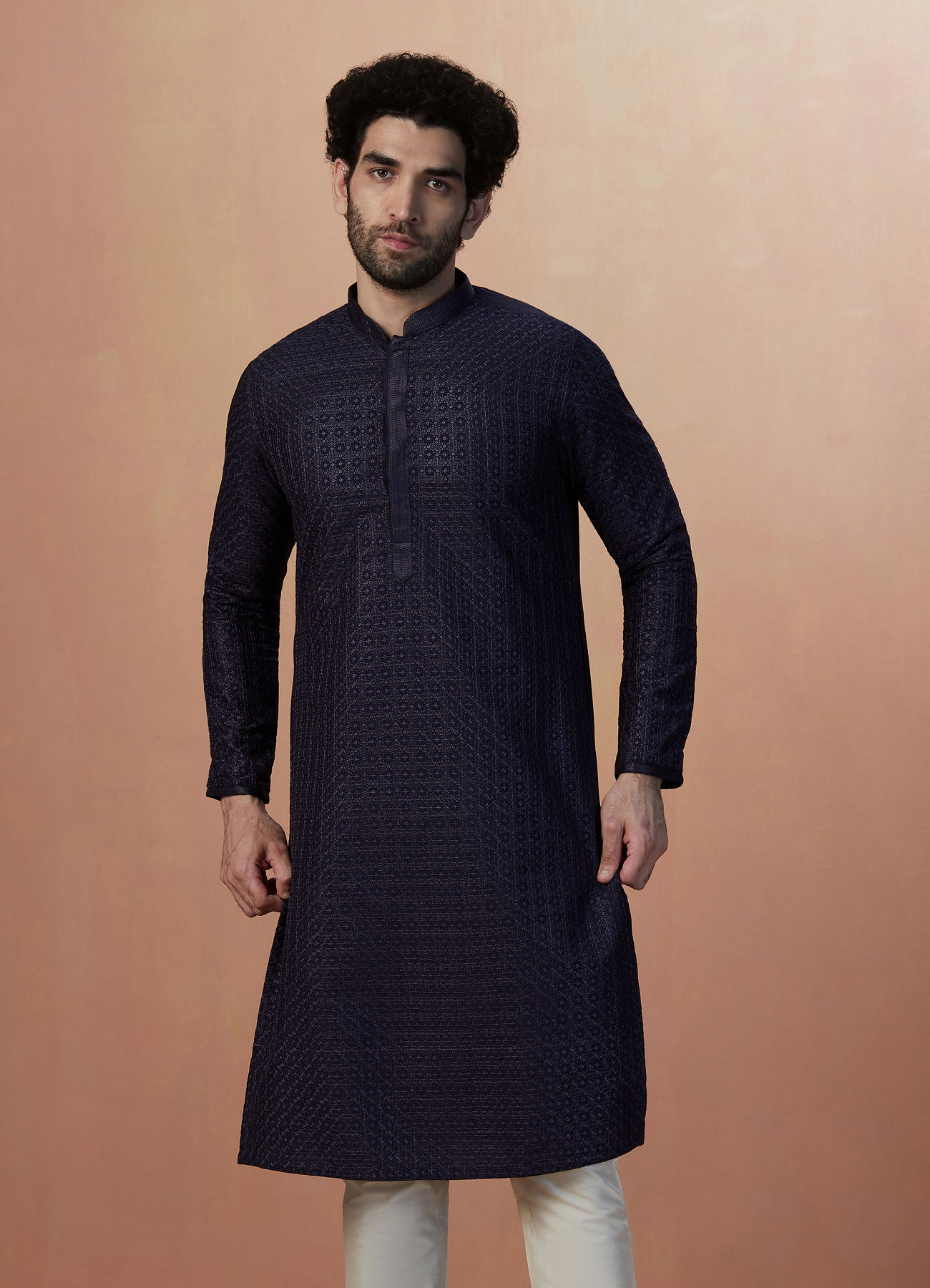 Manyavar Men Royal Blue Self Embroidered Kurta Pajama