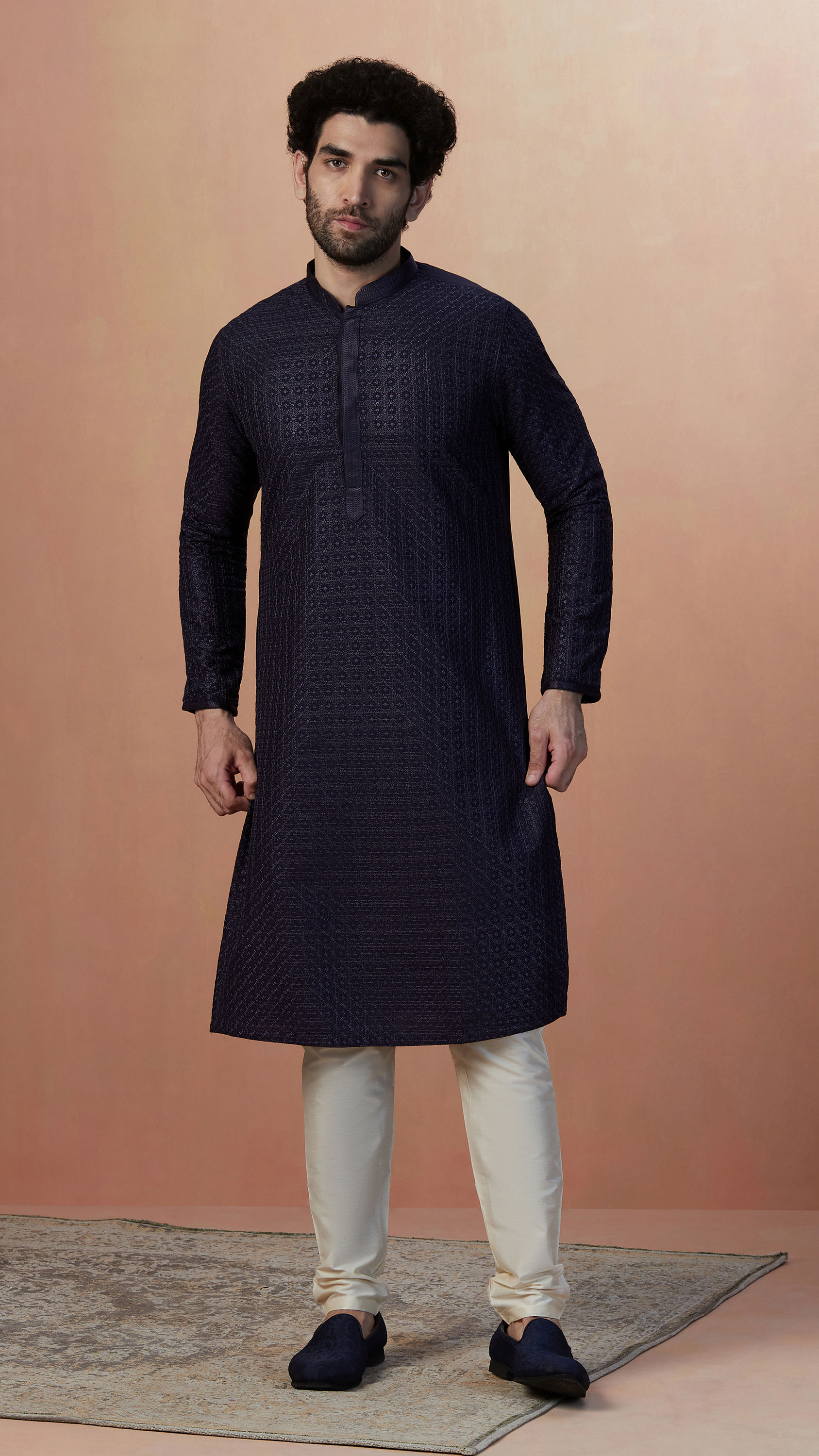 Manyavar Men Royal Blue Self Embroidered Kurta Pajama