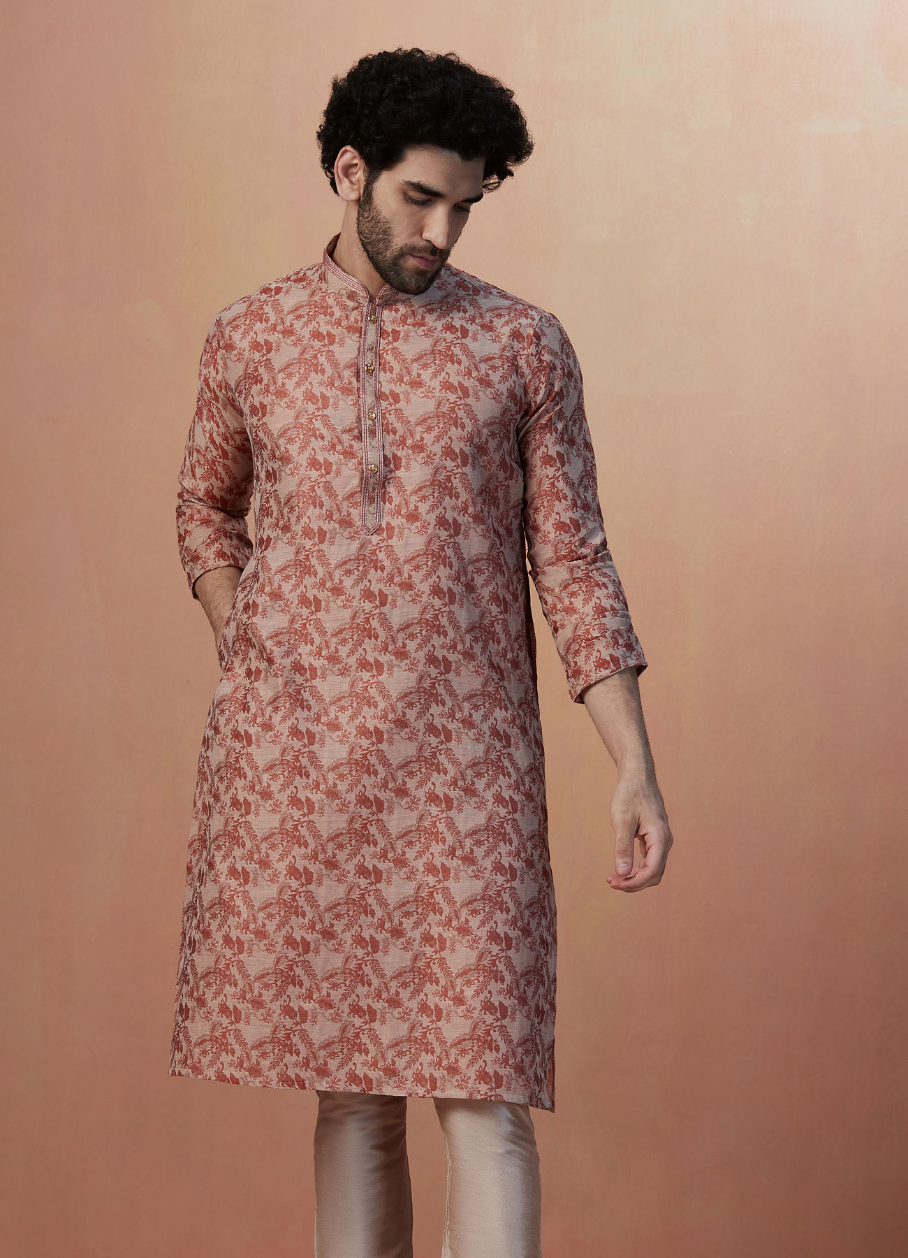 Manyavar Men Rust Brown Printed Kurta Pajama