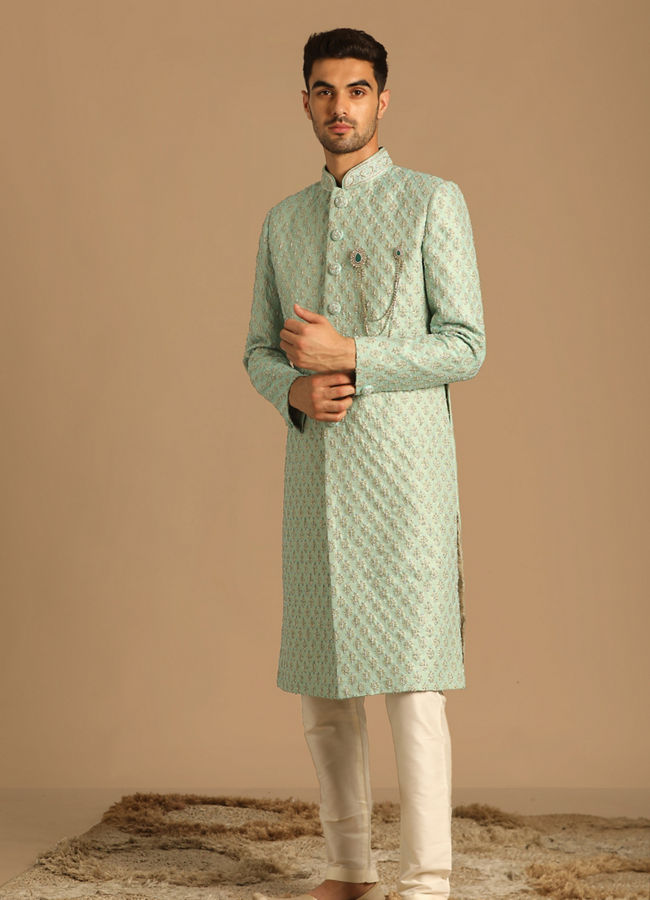 alt message - Manyavar Men Opal Green Sherwani image number 1