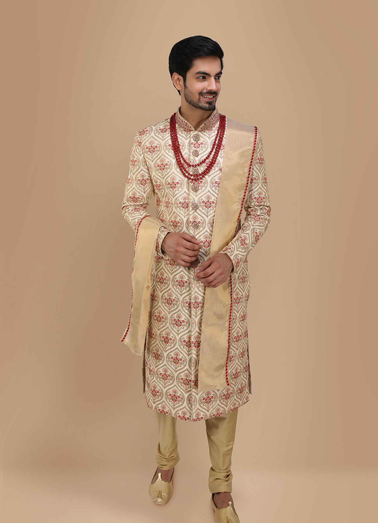 Manyavar Men Glamorous Biscuit Color Sherwani