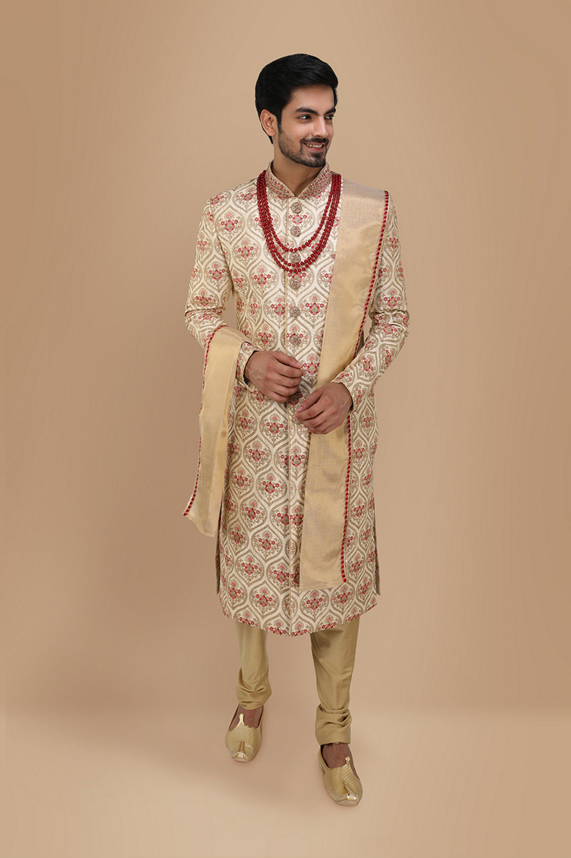 Manyavar Men Glamorous Biscuit Color Sherwani