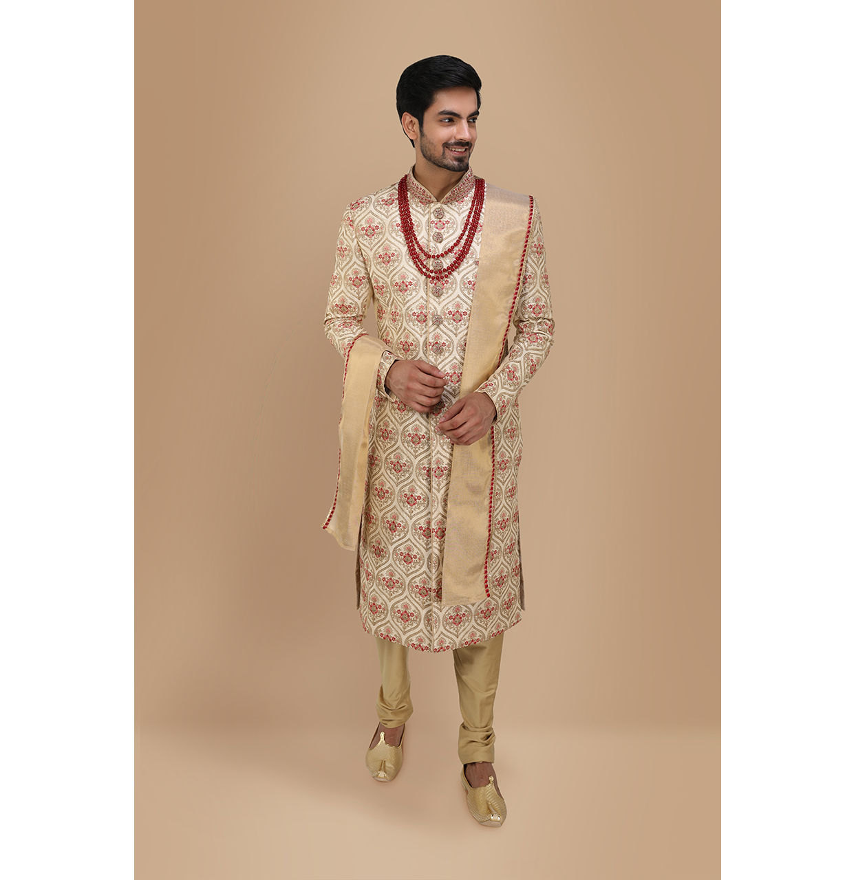 Manyavar Men Glamorous Biscuit Color Sherwani