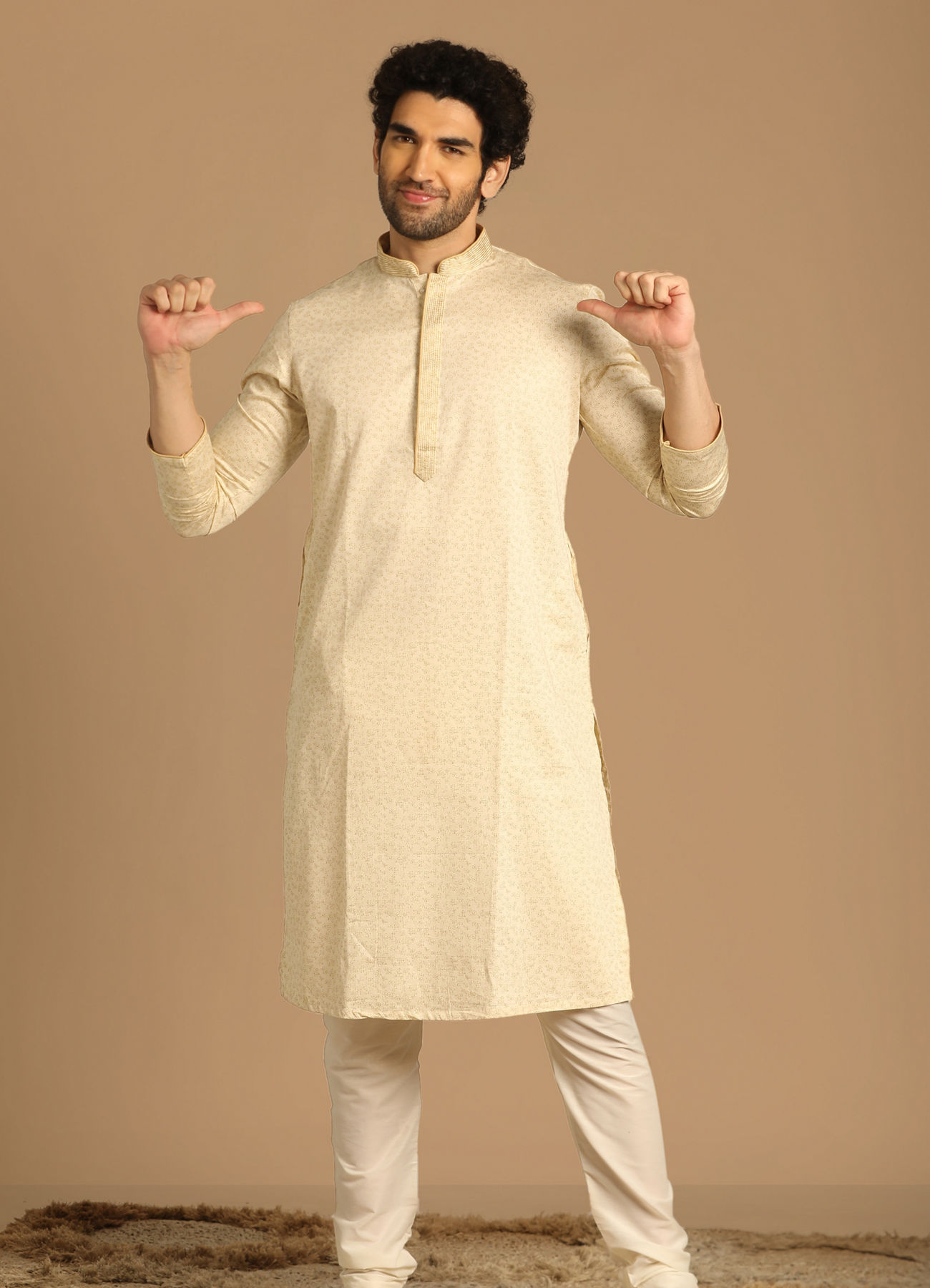 Manyavar Men Printed Work Cream Kurta Set