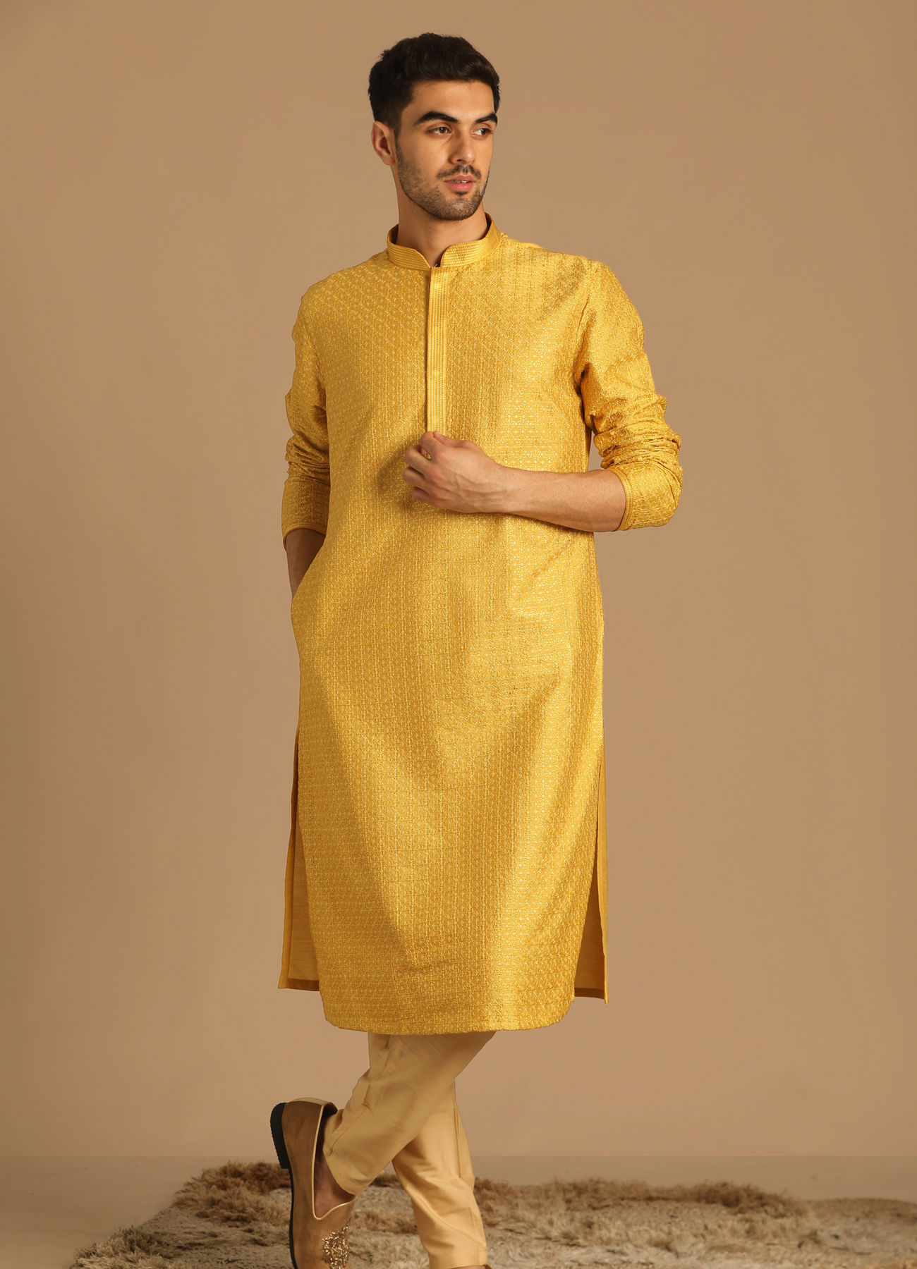 Manyavar Men Smart Fit Mustard Kurta Set