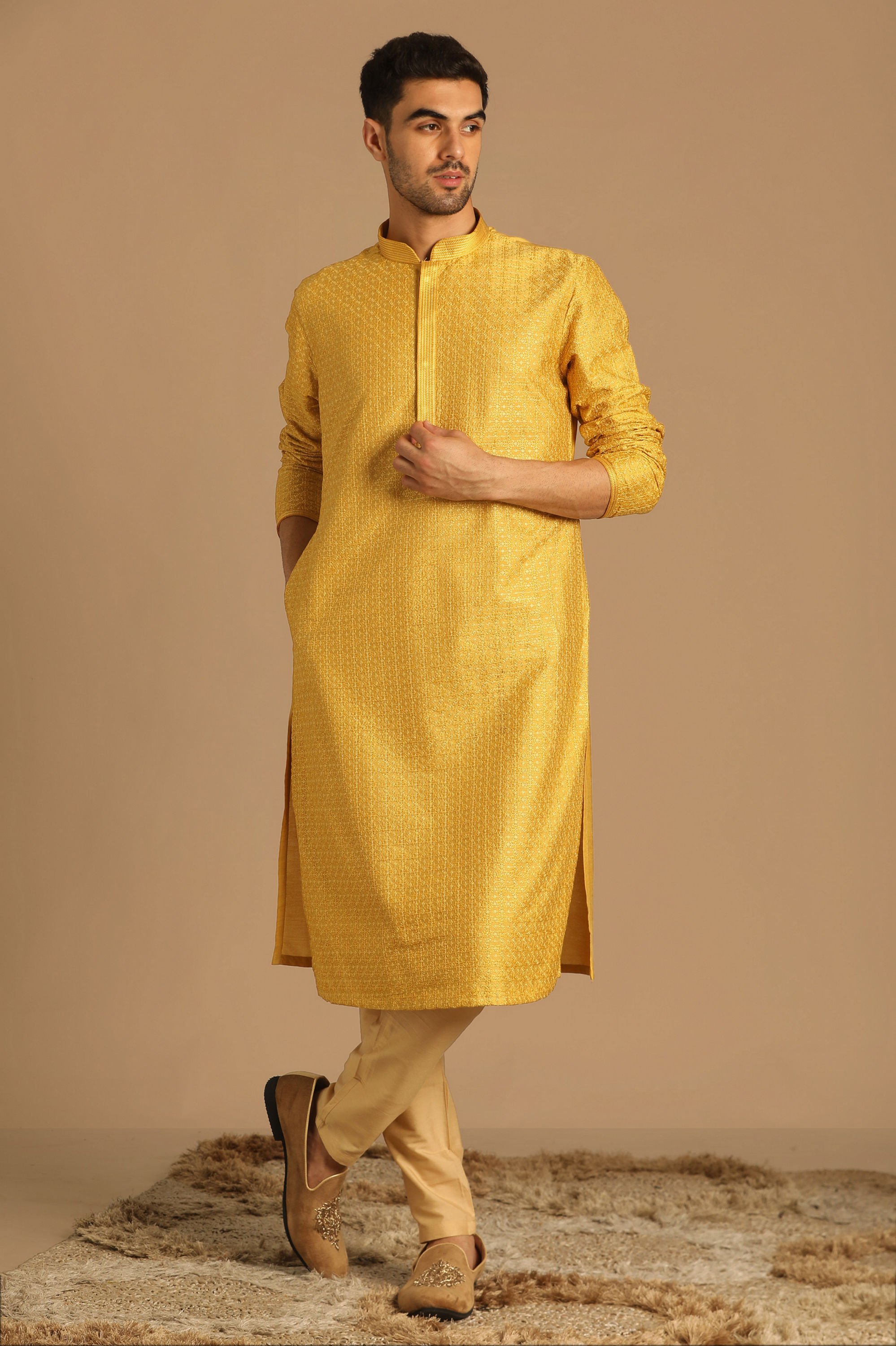 Manyavar Men Smart Fit Mustard Kurta Set