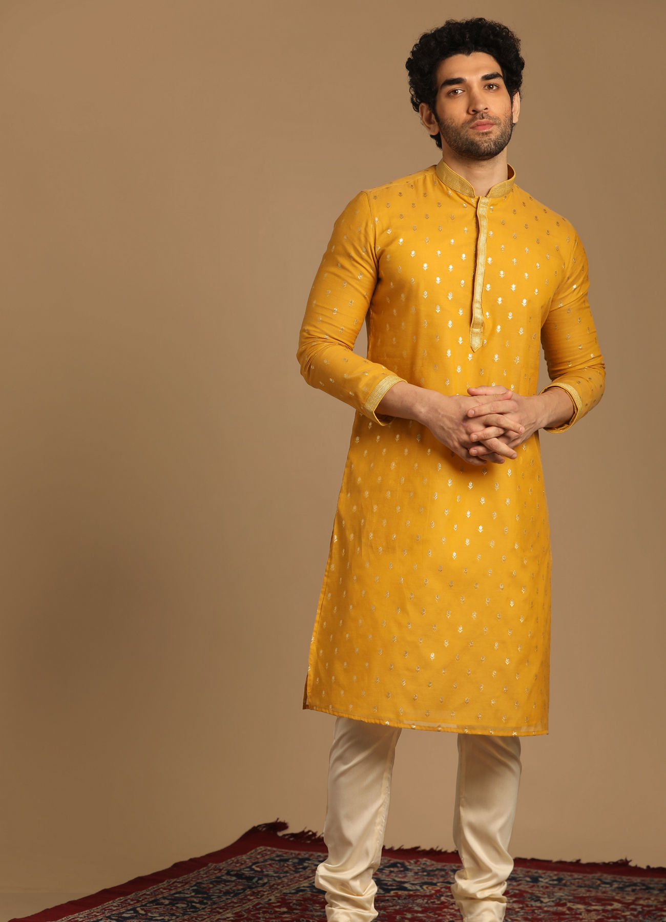 Manyavar Men Mustard Chanderi Kurta Set