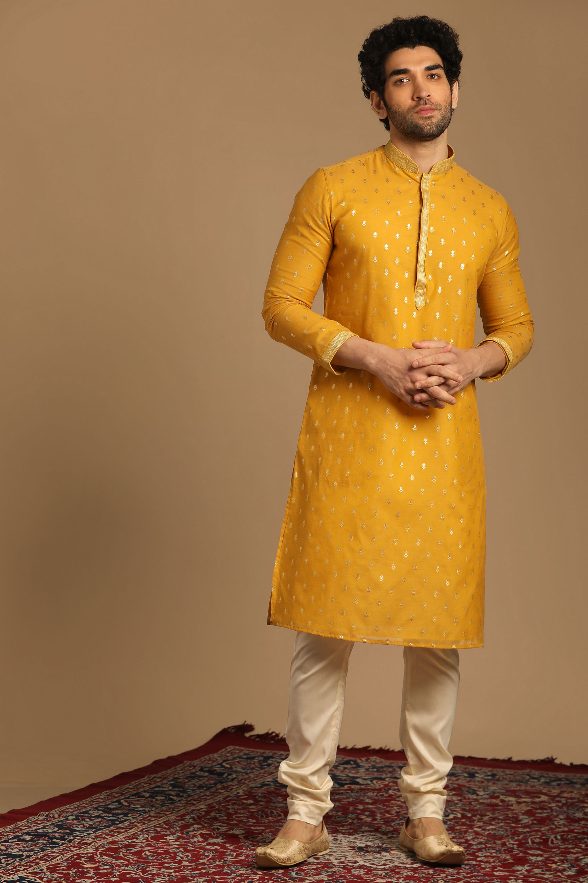 Manyavar Men Mustard Chanderi Kurta Set