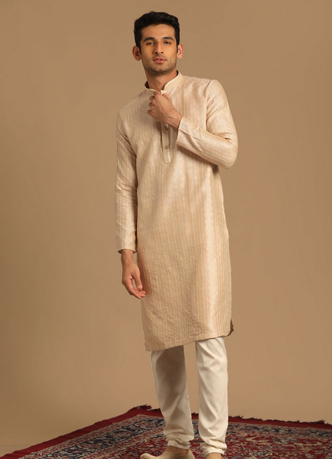 alt message - Manyavar Men Cream Jacquard Kurta Set image number 1