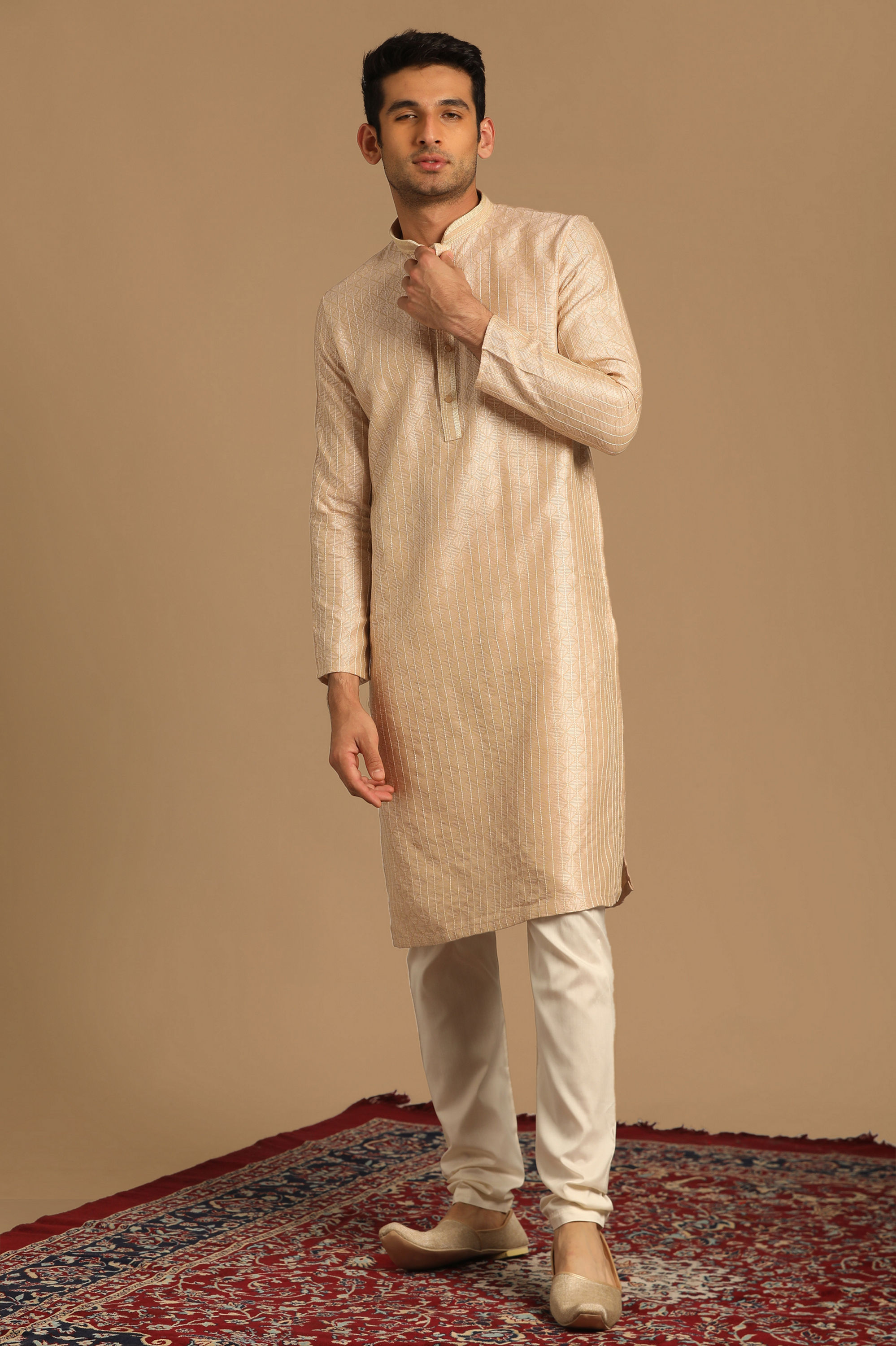 Manyavar Men Cream Jacquard Kurta Set