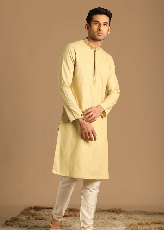 Manyavar Men Beige Solid Kurta Set