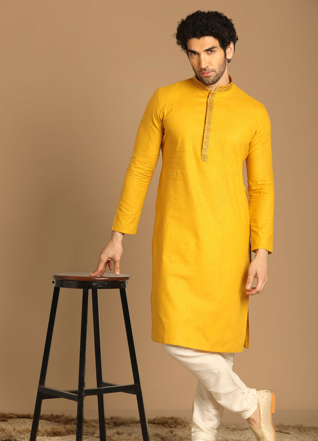 Manyavar Men Amber Yellow Plain Kurta Set