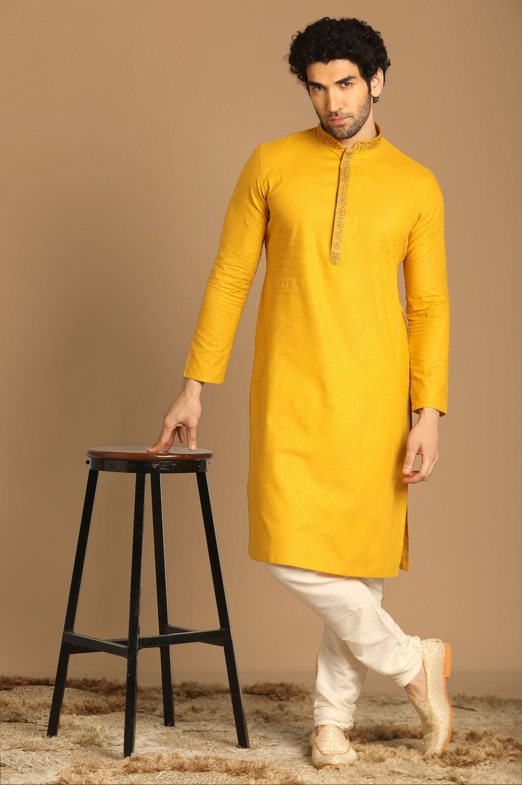 Manyavar Men Amber Yellow Plain Kurta Set