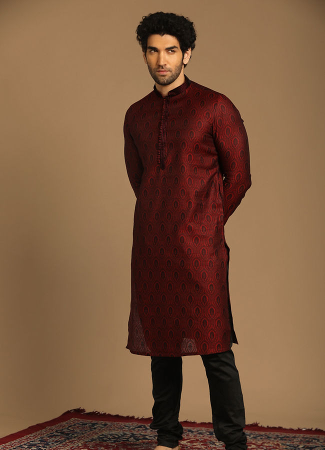 alt message - Manyavar Men Vibrant Maroon Kurta Set image number 0