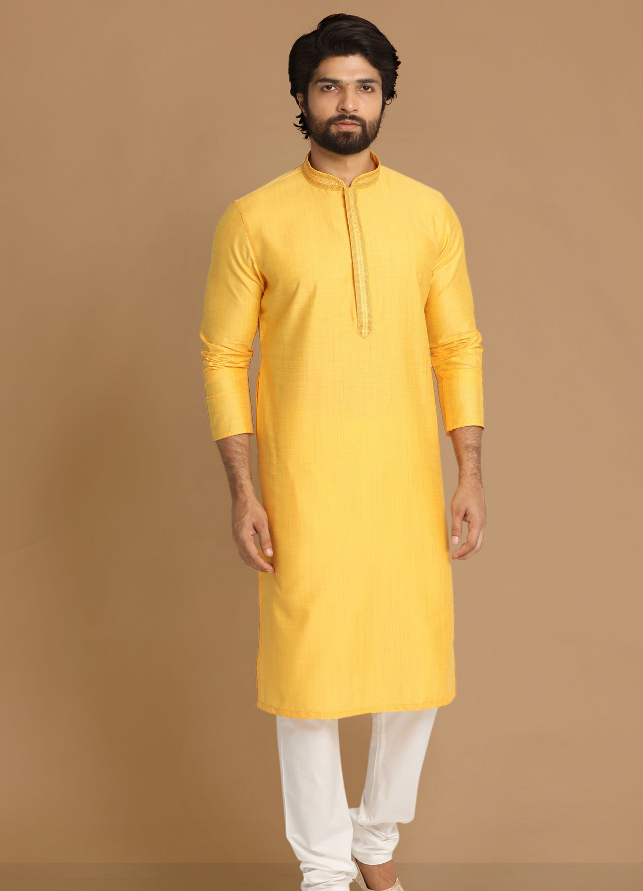 Manyavar Men Daffodil Yellow Solid Kurta Pajama