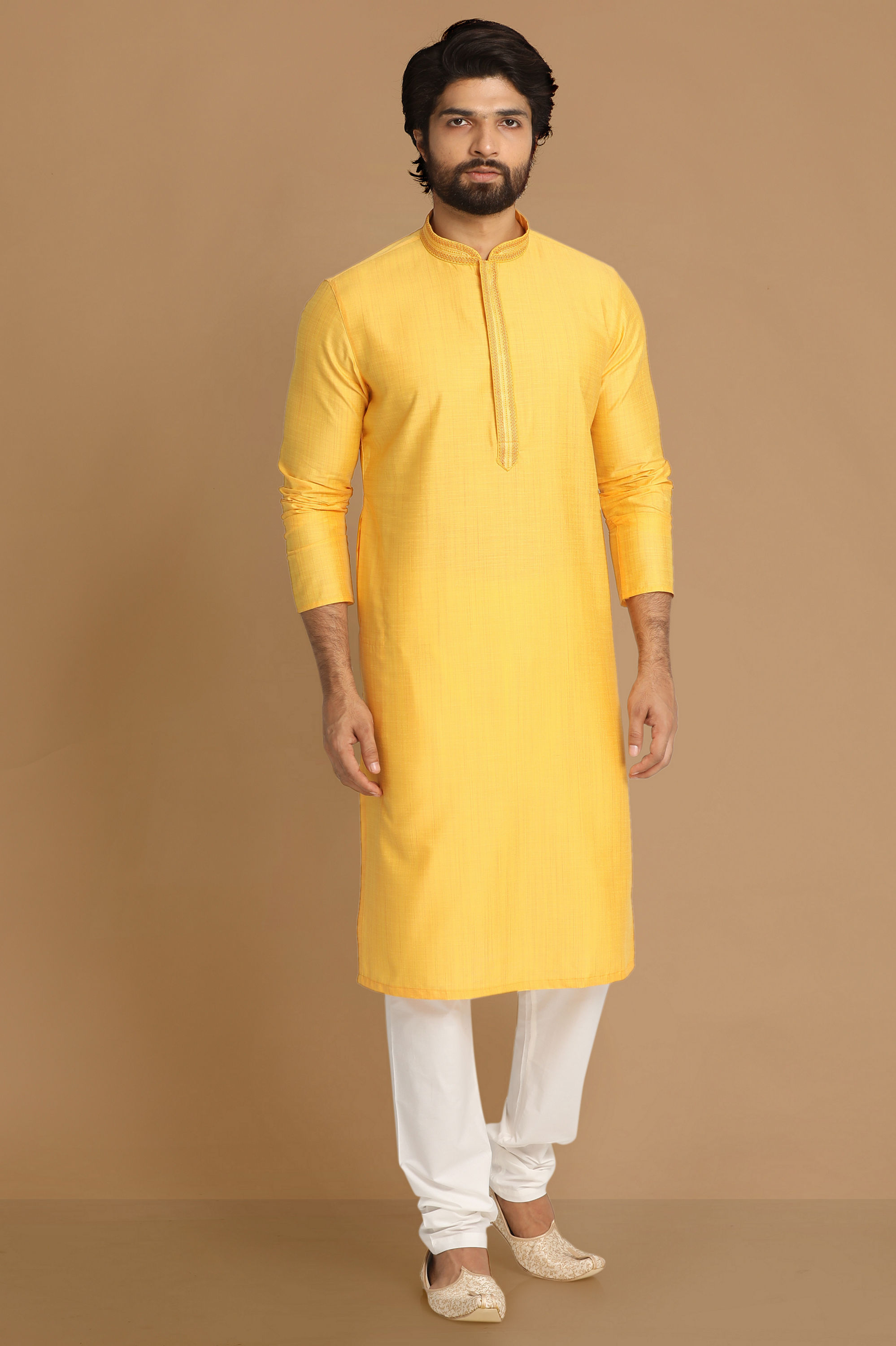 Manyavar Men Daffodil Yellow Solid Kurta Pajama