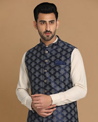 Manyavar Men Denim Blue Printed Jacket