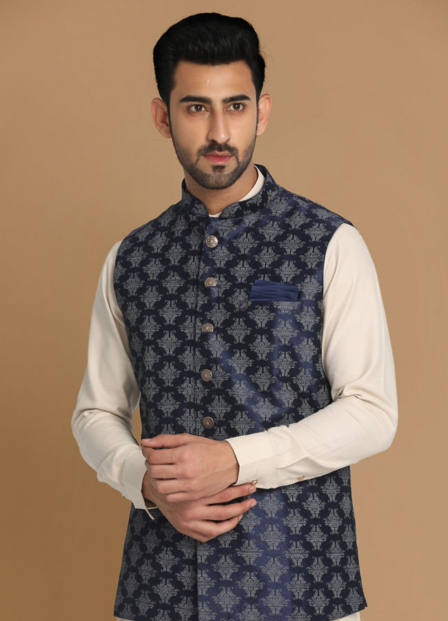 Manyavar Men Denim Blue Printed Jacket