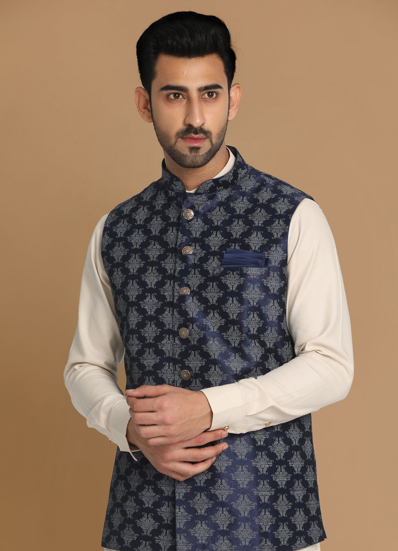 Manyavar Men Denim Blue Printed Jacket