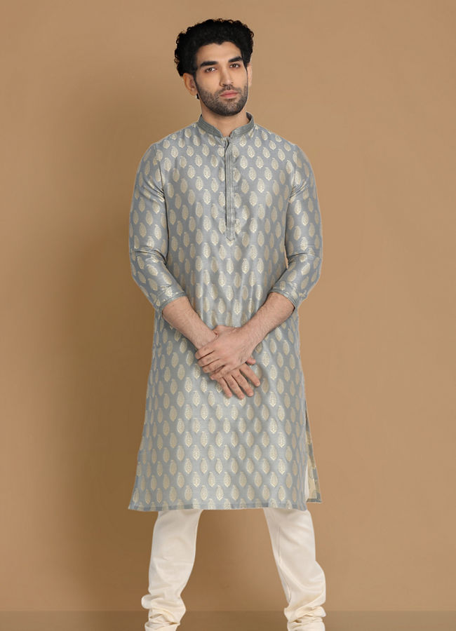 Manyavar Men Shale Grey Jacquard Kurta Set image number 1