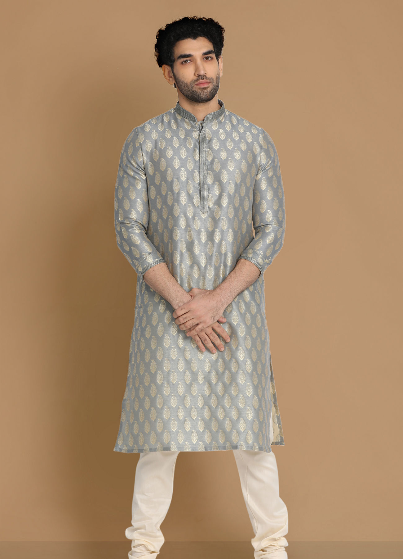 Manyavar Men Shale Grey Jacquard Kurta Set