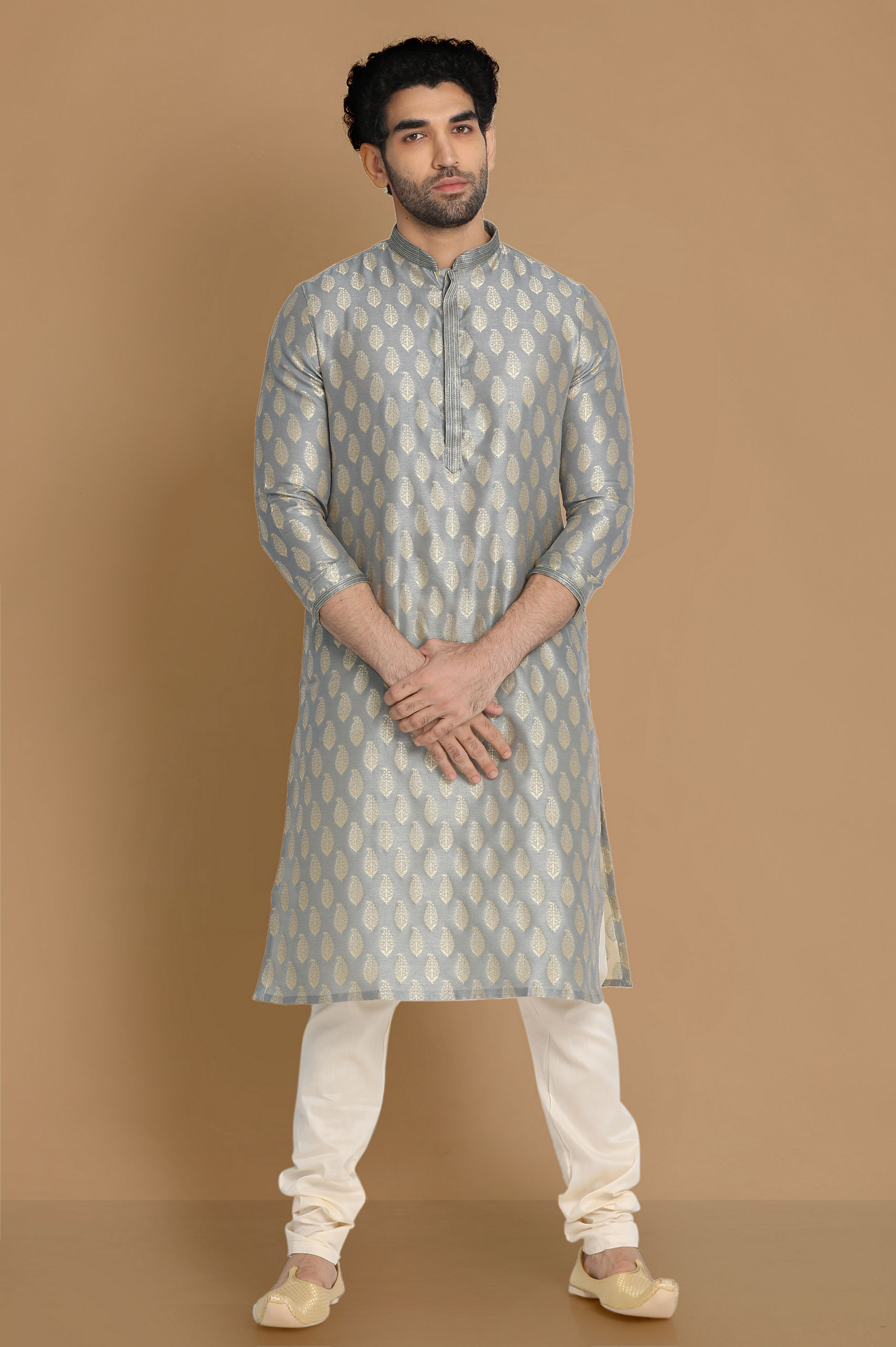 Manyavar Men Shale Grey Jacquard Kurta Set