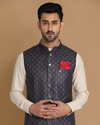 Manyavar Men Navy Blue Printed Modi Jacket